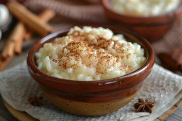A serving of rizogalo, a creamy rice pudding sprinkled with cinnamon, served in a rustic ceramic bowl.