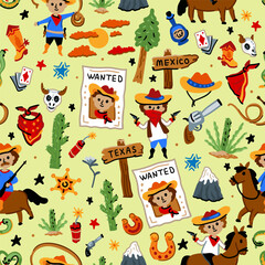Fototapeta premium Bright cheerful children seamless vector pattern with American western cowboy from wild west rural Landscape. Childish background. Wild West. Texas. Cheerful characters with animals and plants.