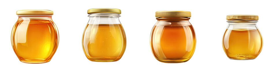 Four glass jars of honey in varying sizes, showcasing the golden liquid inside, ideal for food and wellness themes.