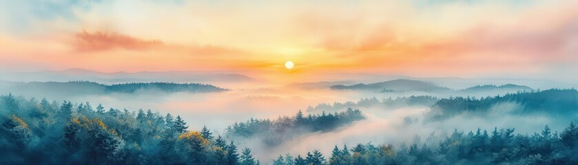 Fototapeta premium Misty sunrise over a forest with a soft golden light.