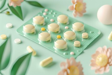 3D Cartoon Blister Pack with Pills and Floral Design for Medical and Pharmaceutical Use