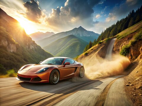 A speeding sports car takes a sharp turn on a winding mountain road, kicking up dust and gravel in a daring display of high-speed recklessness.