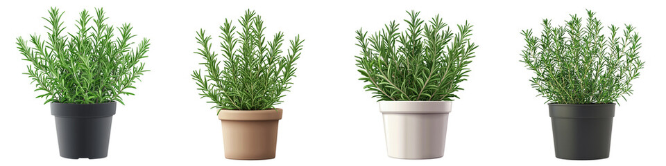 Obraz premium Four stylish potted plants showcasing vibrant greenery in various container designs for modern decor.