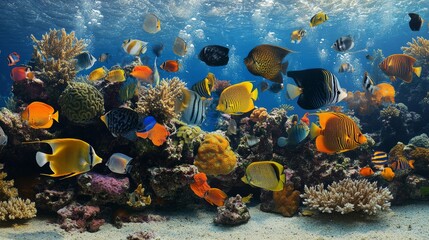 A vibrant underwater scene showcasing diverse fish and coral reefs in a marine environment.