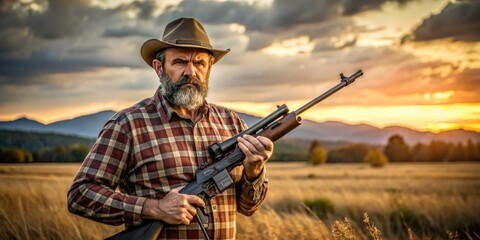 Fototapeta premium A stern-looking individual in a rural setting proudly holds a rifle, symbolizing the right to bear arms and freedom of expression.