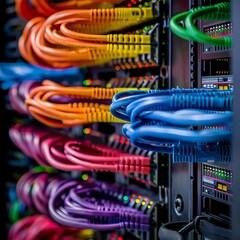 Colorful network cables neatly organized in a data center