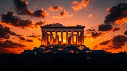 Obraz premium Stunning sunset view of the Parthenon, showcasing ancient architecture against a vibrant sky, highlighting historical elegance.