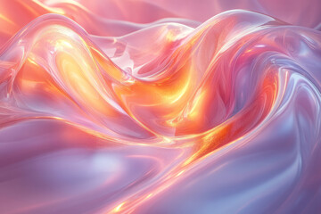 Obraz premium A background featuring wavy, transparent glass forms with rainbow-colored gradients, casting colorful reflections on a pastel pink background,