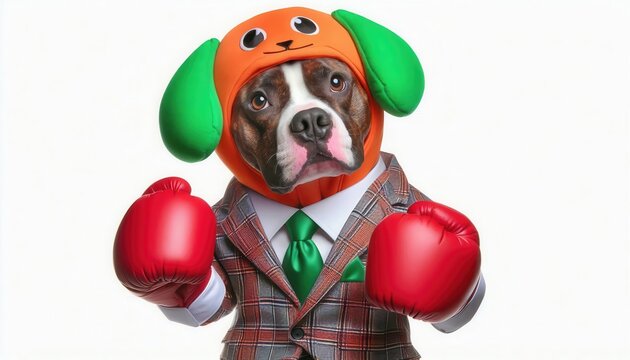A playful dog dressed in a suit and boxing gloves, embodying a fun and quirky personality. Perfect for pet-related marketing, promotions, and advertisements.