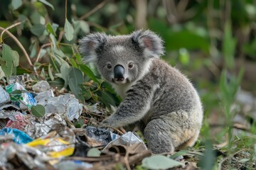 Fototapeta premium Koala Cub Amidst Plastic Waste in a Forest Setting