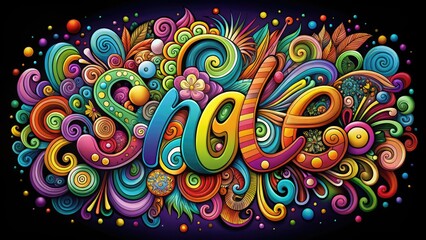 A stylized, colorful, and creative illustration of a single word surrounded by abstract shapes, swirls, and lines, conveying imagination and artistic expression.