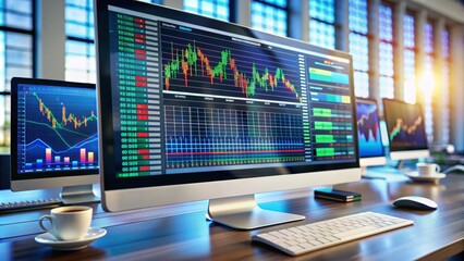 Naklejka premium Modern computer screen displays real-time stock market data and graphics on a professional electronic trading platform with scrolling tickers and interactive charts.