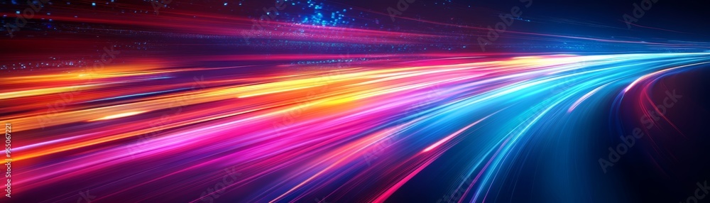 Poster vibrant light trails create a dynamic movement effect, showcasing an abstract blend of colors in a f