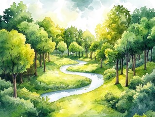 Obraz premium Watercolor painting of a serene forest scene with a winding river.