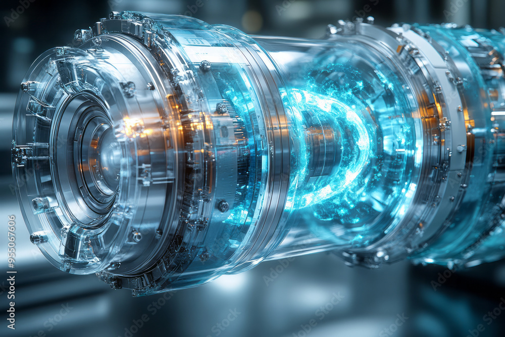 Poster a cutaway view of a stellarator reactor core showing plasma flow in twisted magnetic fields, isolate