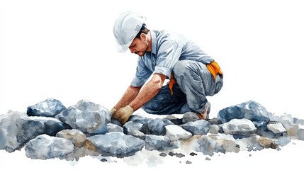A construction worker diligently arranging stones on a site, showcasing skilled labor and dedication to craftsmanship.