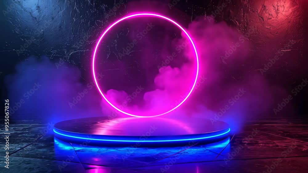 Poster dynamic neon podium with glowing circular backdrop in a misty environment at night