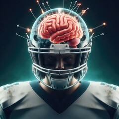 A captivating illustration of a football player with a glowing brain inside a helmet, symbolizing the intersection of sports and cognitive science.