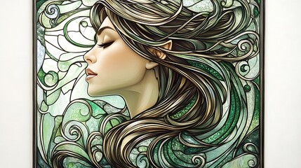 Enchanting Stained Glass Portrait of Elegant Enchantress in Green and Silver Palette