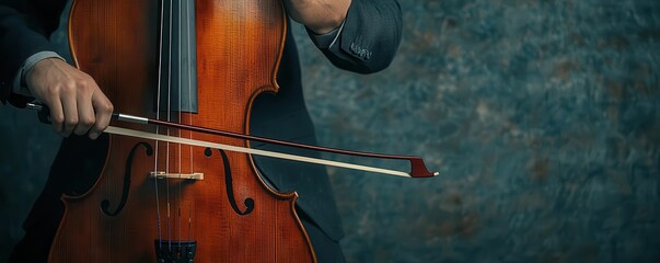 A close-up of a musician's hands playing the cello, highlighting the instrument's details and elegant craftsmanship.