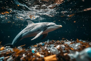 Obraz premium Dolphin Swimming Through Plastic Waste in the Ocean