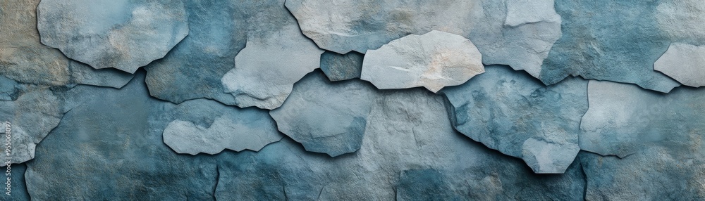 Poster textured blue stone wall with varying shapes and shades, creating a unique and artistic background f