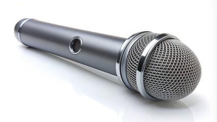 Modern handheld wireless microphone isolated on white background, with sleek design and compact size, perfect for presentations, events, and public speaking engagements.