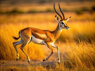 A swift gazelle in mid-stride, its slender legs and horns a blur, races across a sun-kissed savannah, its fur glistening in the bright afternoon light.