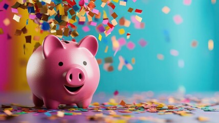 Cheerful pink piggy bank surrounded by colorful confetti, symbolizing savings and celebration in a vibrant setting.