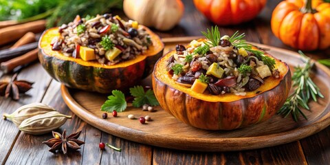 A tenderly roasted stuffed squash overflows with a savory blend of wild rice, mushrooms, and herbs, surrounded by a warm and inviting autumnal atmosphere.
