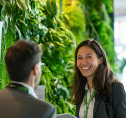 Fototapeta premium Professional converses colleague during corporate networking event, sharing insights forming valuable connections. Event atmosphere highlights Green concept.