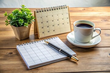 A tidy office desk with a calendar, coffee cup, and pens organized on a wooden surface, conveying a sense of productivity and efficient time management.