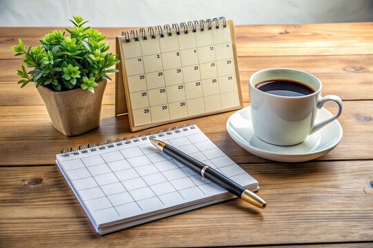 A tidy office desk with a calendar, coffee cup, and pens organized on a wooden surface, conveying a sense of productivity and efficient time management.