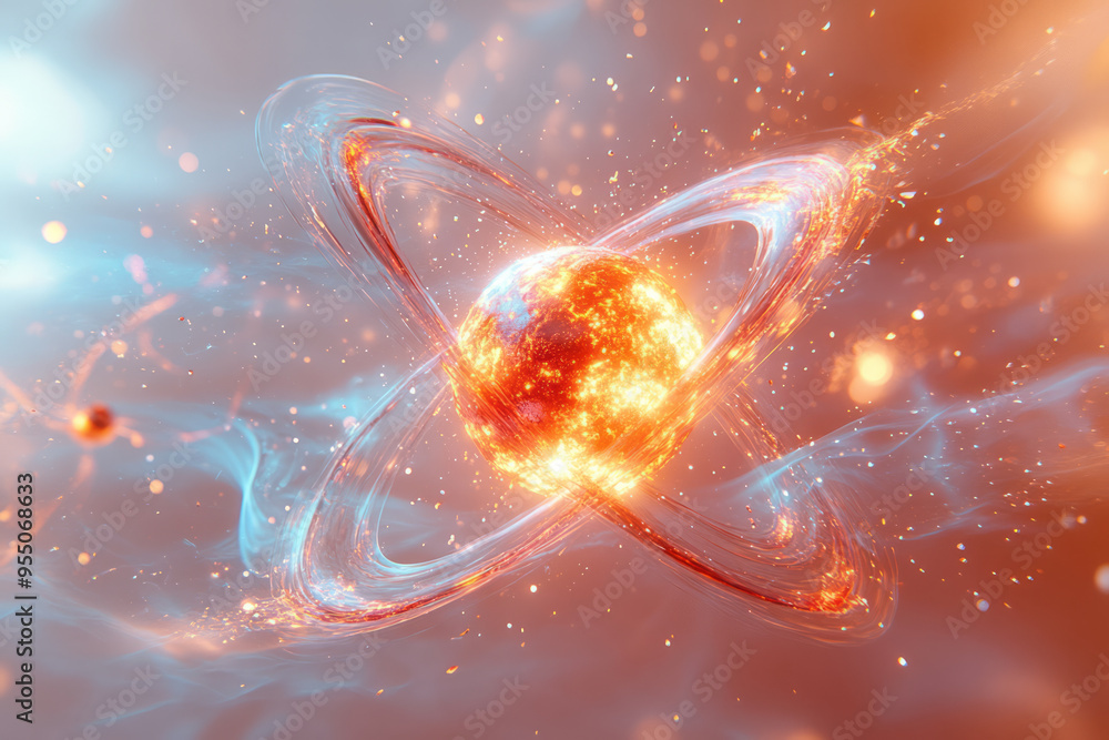 Poster a computer-generated simulation of a fusion reaction, with swirling atomic particles forming a new n