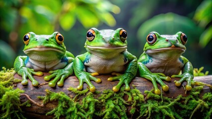 A trio of vibrant green toads with distinctive markings and bulging eyes perch on a moss-covered log in a lush, humid rainforest environment.