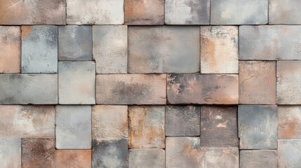 Fototapeta premium A textured wall featuring a mosaic of gray and brown tiles, perfect for backgrounds and architectural designs.
