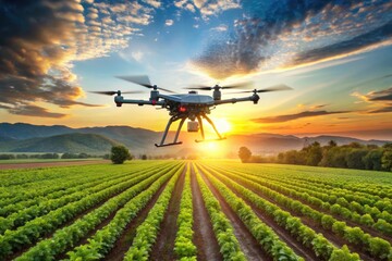 Autonomous farming drone equipped with AI-powered sensors and GPS technology hovers above lush green fields, monitoring crop health and optimizing harvest yields precision.