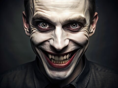 A unsettling portrait of a pale-skinned individual with an unnervingly wide, toothy grin and exaggeratedly arched eyebrows, exuding an air of playful malevolence.