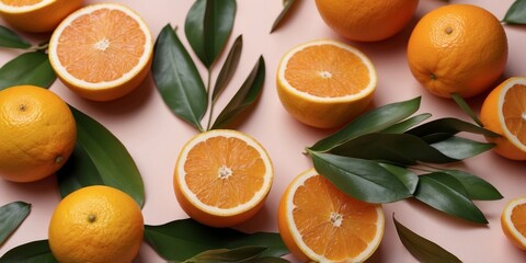 Fresh citrus fruits and palm leaves on a pastel background.