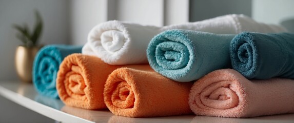Rolled fluffy towels on shelf in bathroom close up.