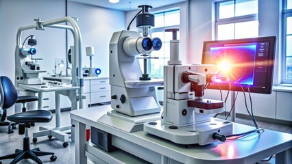 Fototapeta premium Modern ophthalmology equipment emits intense concentrated laser beam for photocoagulation therapy, treating retina and choroid eye disorders with precise precision and accuracy.