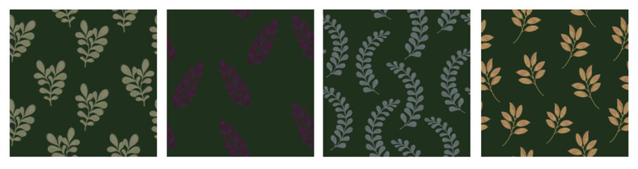 Set of simple seamless foliage herbal patterns on green background