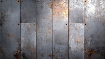 A close-up view of vintage metal panels showcasing a rustic texture with rust and scratches, ideal for industrial backgrounds.