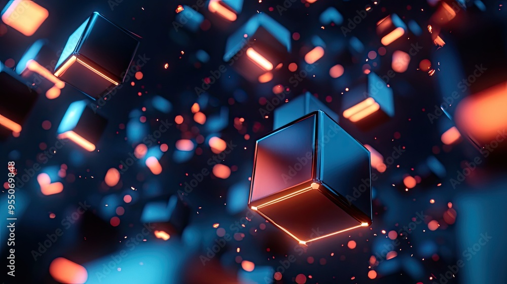 Poster 3d abstract cubes with illuminated edges and floating in space, ideal for a contemporary and tech-th