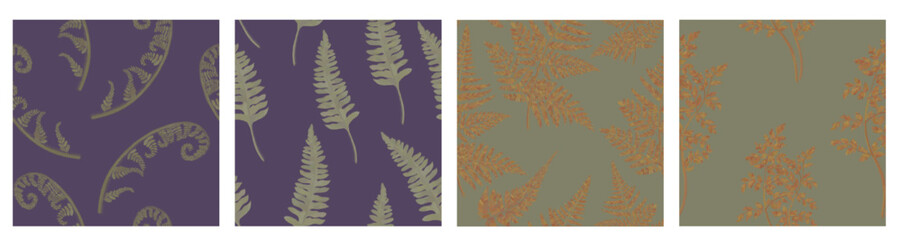 Set of simple seamless foliage herbal patterns on green and purple background