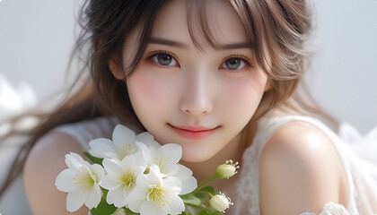 Beauty portrait of a beautiful young woman. Beautiful natural face, beauty image, white flowers. 美しい若い女性の美容ポートレート。美しい素顔、美容イメージ、白い花。