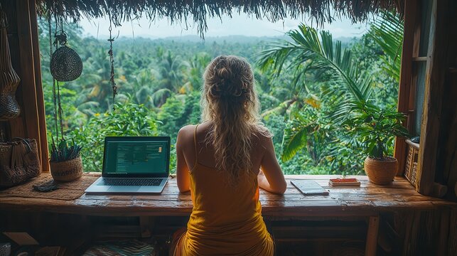 Serene Digital Nomad Working in Treehouse Overlooking Lush Forest Canopy - Remote Work Concept in Nature Setting