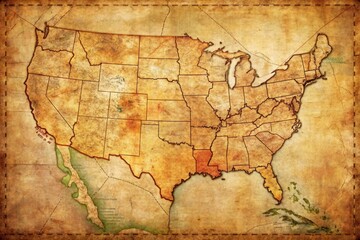 Naklejka premium A vintage-look map of the Southern United States showcases geographic boundaries, major cities, and iconic rivers in a warm, earthy color palette with distressed edges.