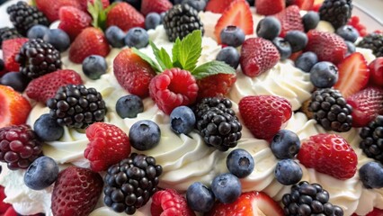 Close-up of a Creamy Dessert Topped with Fresh Berries and Mint