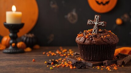 Halloween concept with chocolate muffin and wooden cross on orange background.